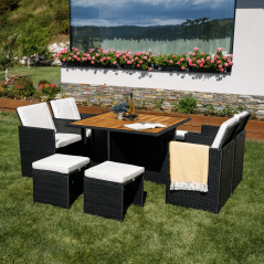Garten-Rattan-Set, Akazienholz, schwarz/creme/natur, MELFORD