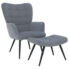 Sessel mit Fußhocker, grauer Samtstoff/schwarz, HABEN