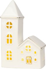 MagicHome Dekoration, Haus mit Kirche, LED, weiß, Porzellan, 11,2x5,5x17,4 cm