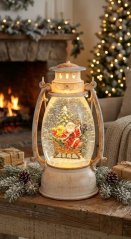 Laterne MagicHome Christmas Retro, LED, mit Weihnachtsmann auf Schlitten, mit Glitzer, weiß, 3xAA, Kunststoff, 13x11x24/35 cm