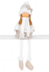 Figurină de Crăciun MagicHome, Fetiță cu pălărie albă cu picioare lungi, alb-aurie, material textil, 15x10x45 cm