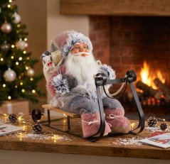 MagicHome Weihnachtsdekoration, Weihnachtsmann auf Schlitten, grau - rosa, 46 cm