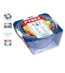 Sütőedény kerek, fedővel, 24x20x11cm, 1,6L+0,5L, átlátszó üveg PYREX, megerősített csomagolás KLC
