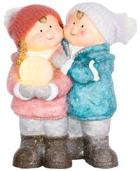 Personaj MagicHome Crăciun, Băiat și fată cu bulgăre de zăpadă, 1 LED, ceramică, 27,5x23x40 cm