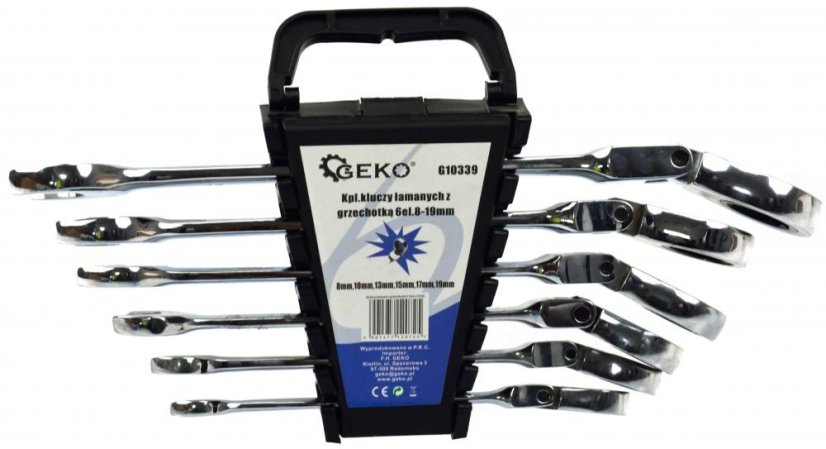 Ratschenschlüsselsatz mit Gelenk, 6-teilig (8,10,13,15,17,19 mm), GEKO