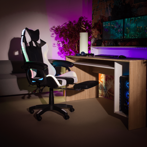 Pisarniški/gaming stol z RGB LED osvetlitvijo, črno/bel, JOVELA