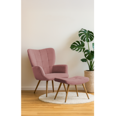 Sessel mit Fußhocker, rosa Samtstoff/Eiche, HABEN
