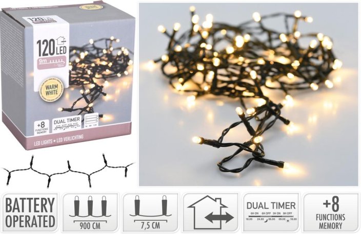 Lampka świąteczna 120 LED ciepła biała, 9 ​​m, z podwójnym timerem, z funkcjami, bateriami, do użytku zewnętrznego/wewnątrz