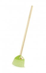 Plastikowe grabie dla dzieci, rączka drewniana, zielone 21x71cm