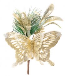 Větvička MagicHome Vánoce, s motýlem a jutovou stuhou, zlatá, 18 cm, bal. 6 ks