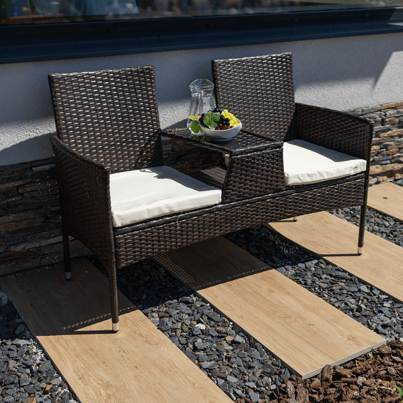 Gartenbank mit Tisch und Kissen, braun/creme, LALIT