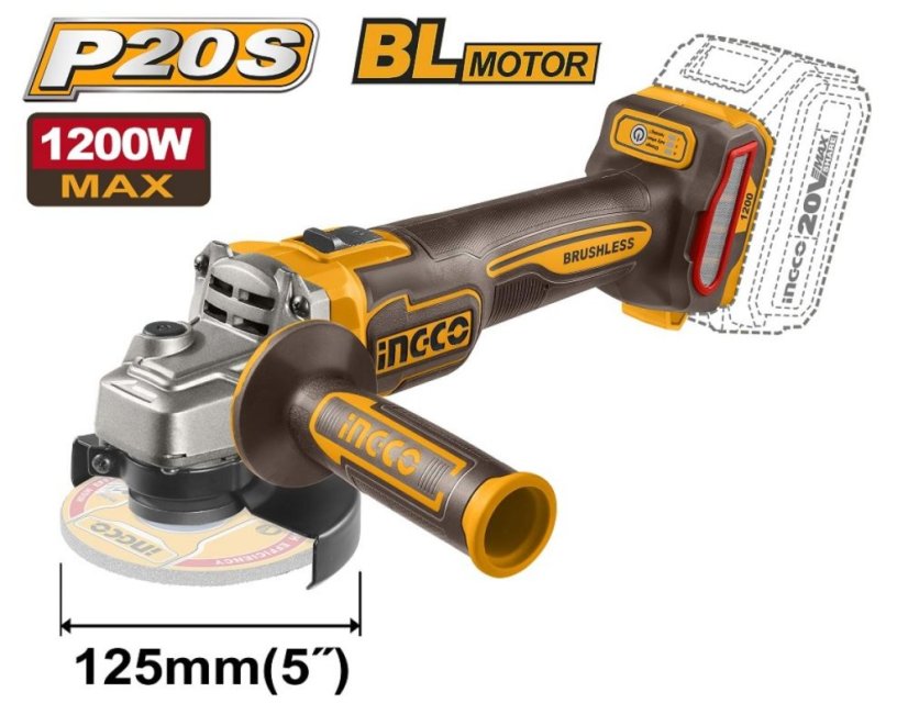 Bürstenloser Winkelschleifer 125 mm CAGLI221253 INGCO AKU 20V P20S INDUSTRIAL ohne Akku und Ladegerät.