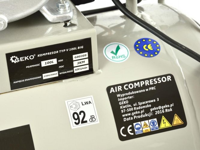 Kompresor oleju 2-tłokowy 3,0 kW, 390 l/min, zbiornik powietrza 100 litrów, GEKO