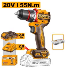 INGCO INDUSTRIAL CDLI205582E 20 V-os, 55 Nm-es, P20S KIT szett kefe nélküli LI-Ion akkus fúrógép akkumulátorral és töltővel