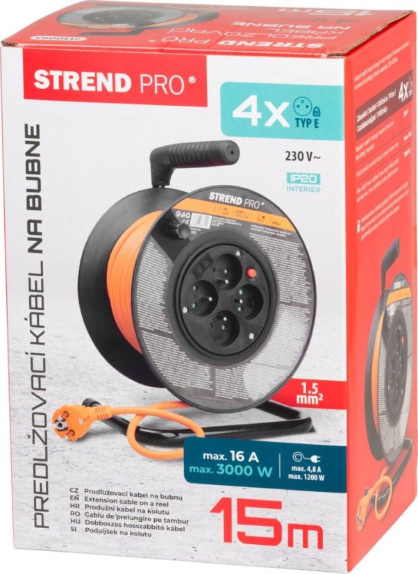 Strend Pro DG-FB04 Verlängerungskabel, L-15 m, auf einer Trommel, Querschnitt 1,5 mm2