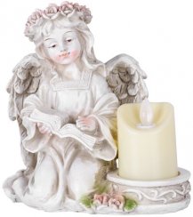 Dekorácia MagicHome, Anjel s knihou a sviečkou, 1xLED, polyresin, na hrob, 17,5x12x17,5 cm