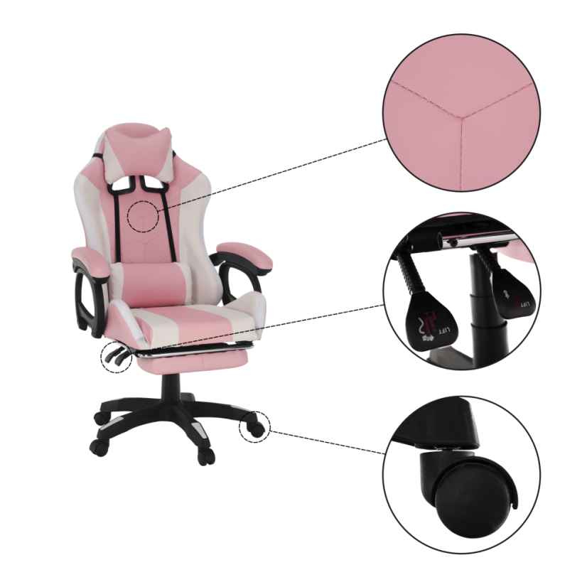 Pisarniški/gaming stol z RGB LED osvetlitvijo, roza/bel, JOVELA