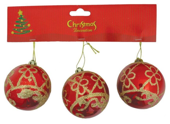 MagicHome karácsonyi labdák, 3 db, piros, arany díszes, 6 cm
