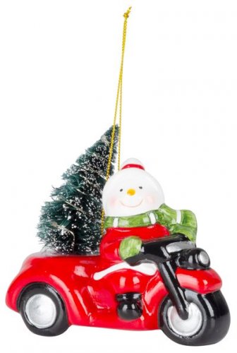 Dekorace MagicHome Vánoce, Sněhulák v autě, LED, terakota, 12,5x6x11,8 cm