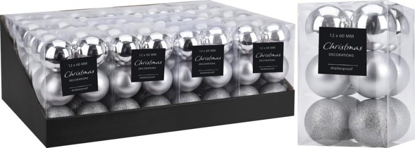 Ozdoba závesná guľa 6 cm sada 12 ks plast strieborná-V