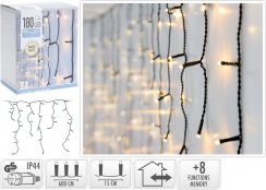 Karácsonyi jégcsap lámpa 180 LED meleg fehér, 6 m, funkciókkal, kültéri/beltéri