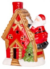Decor de Crăciun MagicHome, Casă cu Moș Crăciun pe acoperiș, LED, teracotă, 2xAAA, 27x13x34 cm
