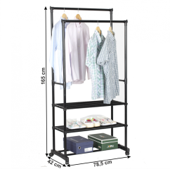 Zweireihiger Kleiderbügel mit Regalen, schwarz, TIRUS