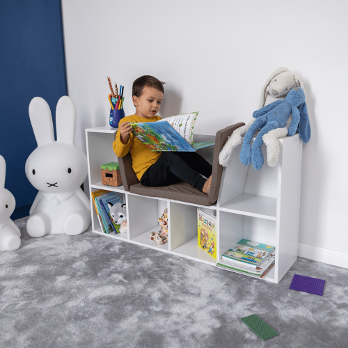 Otroška knjižna omara s sedežem, bela/rjava, FERIA