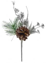 MagicHome Świąteczna gałązka z szyszką, srebrna 25 cm, op. 6 szt