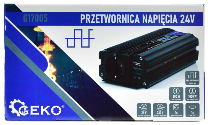 Měnič napětí, vstup 24V/výstup 230V, trvalý výkon 500W/nárazový výkon 1.000W, GEKO