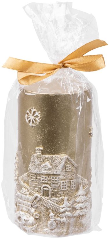 MagicHome Weihnachtskerze, 7x12,5 cm, Gold, mit 3D-Landschaft