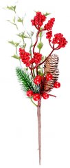 MagicHome Božićna grančica, s bobicama i šišarkama, crvena, snježna, 27 cm