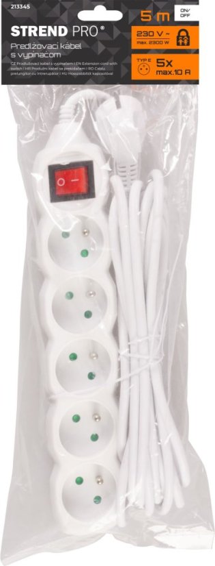 Kabel DG-F805BK L-5 m, przedłużacz, biały, 5x gniazdo + wyłącznik