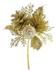 Gałązka MagicHome Christmas, z szyszką, złota 15 cm, op. 6 szt