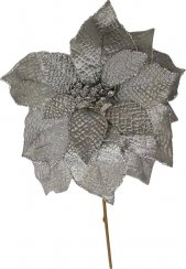 Kwiat MagicHome Christmas, Poinsecja, srebrny, łodyga, wielkość kwiatu: 35 cm
