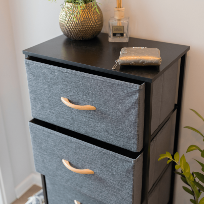 Komoda z szufladami materiałowymi, czarny/ciemnoszary, PALMERA TYP 2 (akce)