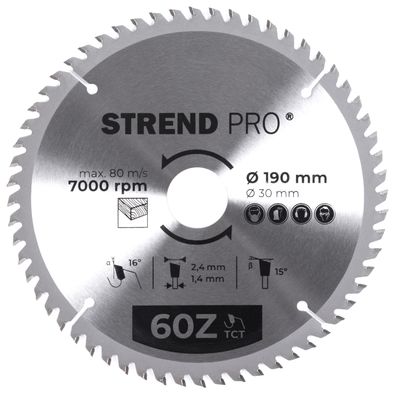Disc Strend Pro TCT 190x2,4x30 / 20 mm 60T, pentru lemn, ferăstrău, lame SK