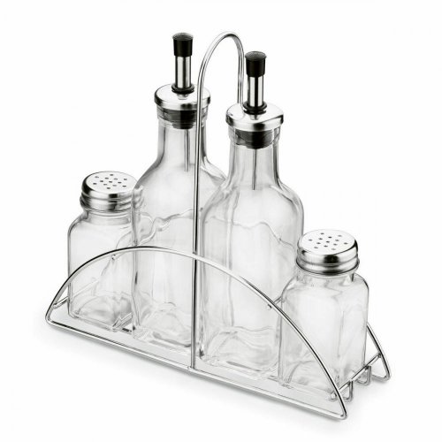 5-delno stekleno stojalo za začimbe / dozator za olje in kis / v steklenem/kovinskem stojalu