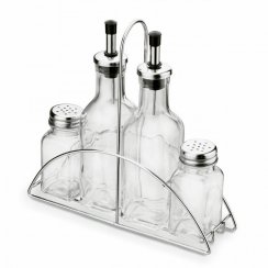 Korenička sklenená 5 dielna /dávkovač na olej a ocot /v stojane sklo/kov