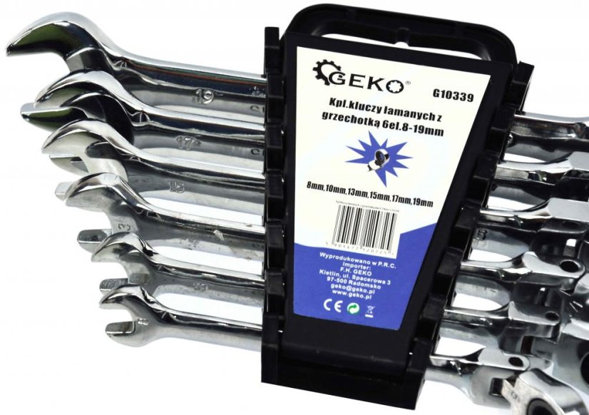 Ratschenschlüsselsatz mit Gelenk, 6-teilig (8,10,13,15,17,19 mm), GEKO