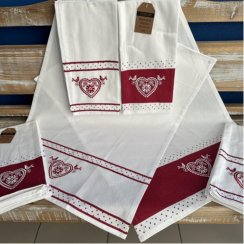 Nyomtatott pamut konyharuha hímzett SZÍVVEL, piros, 2db 50x70cm