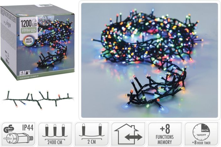 Lampka świąteczna 1200 kolorowych diod LED, 24 m, z timerem, z funkcjami, na choinkę 300 cm, do użytku zewnętrznego/wewnątrz