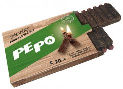 Öngyújtó PE-PO® 2in1, fa, 20 db, gyufával és csörgővel, öngyújtó grillekhez, tűzhelyekhez, kandallókhoz, sütőkhöz