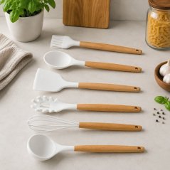 Kuchynské náčinie s bambusovou rukoväťou v stojane, 12 ks, 32 cm, biele