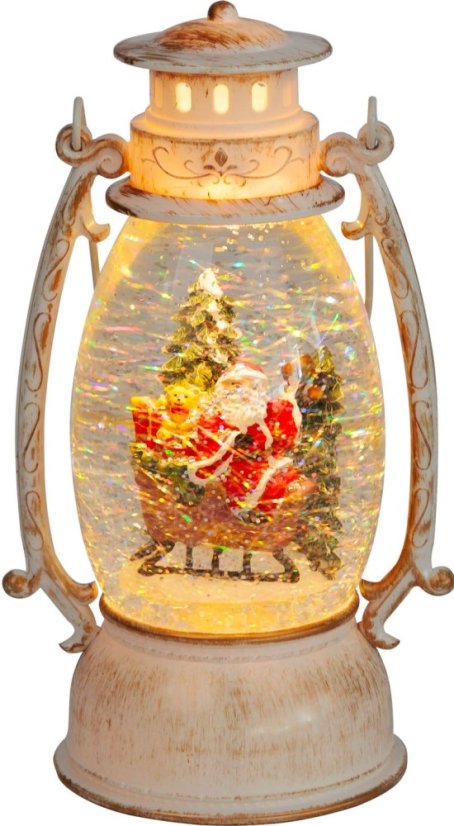 Laterne MagicHome Christmas Retro, LED, mit Weihnachtsmann auf Schlitten, mit Glitzer, weiß, 3xAA, Kunststoff, 13x11x24/35 cm