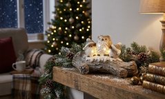 MagicHome Decor de Crăciun, bufnițe pe un trunchi de copac înzăpezit, LED, 20,5x49,5x27,5 cm (akce)