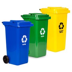 Set de 3 coșuri de gunoi 120L albastru verde galben hârtie sticlă plastic