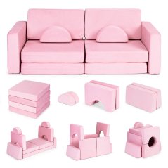 Nagy 2 üléses moduláris összecsukható kanapé gyerekeknek DIY 10 puha párnával - rózsaszín ECOTOYS