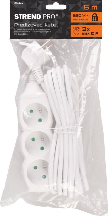 Kábel DG-F803B L-5 m, hosszabbító, fehér, 3x aljzat