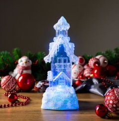 Decor de Crăciun MagicHome, Casă, LED, schimbător de culoare, cu sclipici plutitoare, PE, 2xAA, 9,50x9,50x24,50 cm